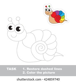Cute rainbow snail in vector to be traced. Restore dashed line and color the picture. Trace game for children.