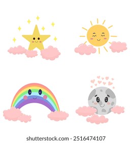Cute rainbow, star, sun, moon in clouds with smile. Children background element, nature, environment. Vector isolated on white background. Graphic print, invitation, wallpaper, nursery, textile.