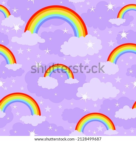 Cute rainbow and stars dreams seamless pattern. Very pery violet background for design card, banner, walpaper, fabrics and so on.