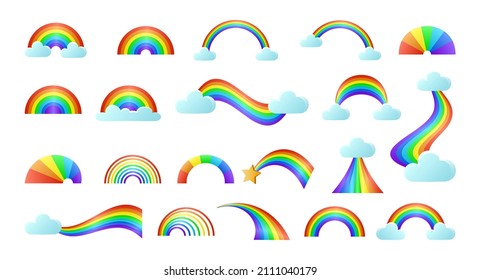 Cute rainbow stickers set. Vector illustrations of childish colorful arcs. Cartoon different shapes of curve rainbows with hearts and clouds in sky isolated on white. Weather, fairytale concept