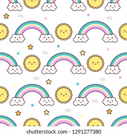 Cute rainbow and sun childish pattern, kawaii vector illustration, isolated on white background