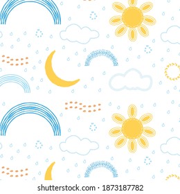 Cute rainbow, sun, moon, cloud, water drop vector illustration. For wallpaper, nursery, children