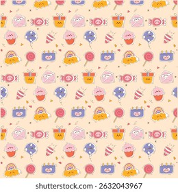 Cute rainbow and sweet chocolate with playful animal faces shameless pattern