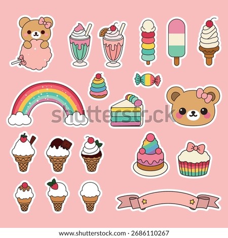 Cute rainbow sweets and bear illustration set with ice cream, milkshakes, cake, candy, and cupcakes in playful kawaii sticker style. Perfect for fun design projects.