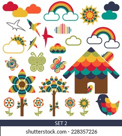 Cute rainbow themed nature and weather symbols in vintage colour palette