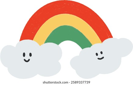 A cute rainbow with two smiling clouds in a cartoon style. Bright and cheerful design for kids and nursery.