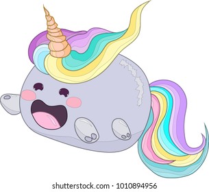 Cute rainbow unicorn cat creature icon line vector