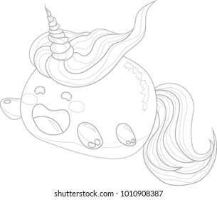 Cute rainbow unicorn cat creature icon vector in black and white coloring page
