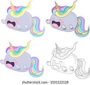 Cute rainbow unicorn cat creature vector icon set