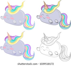Cute rainbow unicorn cat creature vector icon set