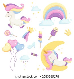 Cute rainbow unicorn unicorn clipart. Cartoon vector graphics.