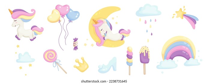 Cute rainbow unicorn unicorn clipart. Cartoon vector graphics.	