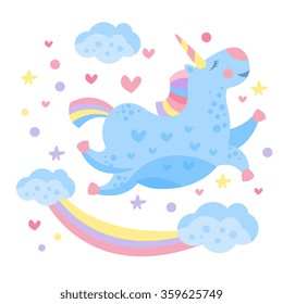 Cute Rainbow Unicorn in the Clouds. Colourful Vector Illustration.