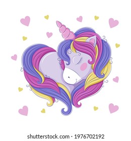Cute rainbow unicorn, in the form of a heart. Vector graphics. EPS10 format.