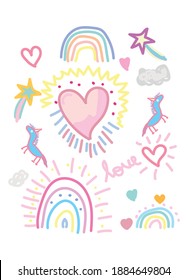 lindo arco iris y vector de ilustración de unicornio para la decoración