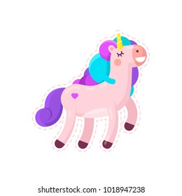 Cute rainbow unicorn. Unicorn isolated vector icon. Fantasy horse sticker, patch badge. Cute magic cartoon animal. Rainbow horn, pink animal. Dream symbol. Shirt Design print