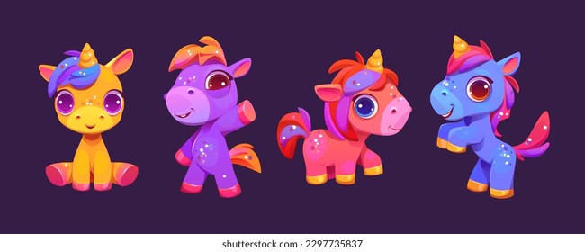 Una mascota de unicornio arco iris para el juego. Dibujo aislado del vector de caricatura del personaje del hada de Pony. Caballo mágico adorable, cuerno de oro con diferentes emociones en la cara, colección de pose, criatura mitológica