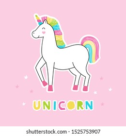 Cute rainbow unicorn poster, t-shirt print design. Vector illustration for children.