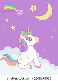 Cute rainbow unicorn sitting looking at the moon on the cloud with star in the sky. Vector design illustration.