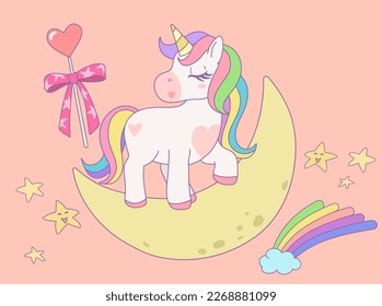 Cute rainbow unicorn standing with eyes closed on the moon in the sky. Vector design illustration.
