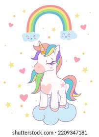 Cute rainbow unicorn standing on the cloud with rainbow and star in the sky. Vector design illustration.