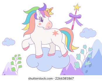 Cute rainbow unicorn standing on the cloud with magic wand in the sky. Vector design illustration.