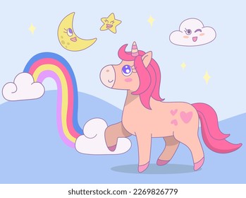 Cute rainbow unicorn standing with open eye on the moon in the sky. Vector design illustration.