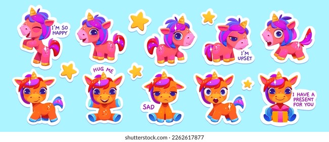 Cute rainbow unicorn stickers, patch icon. Cartoon vector pony mascot with present. Baby horse gold horn character surprised, dream, hug and happy. Emotion collection, isolated funny magical creature