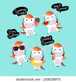 Cute rainbow unicorn in summer. Animal fairytale cartoon character vector.
