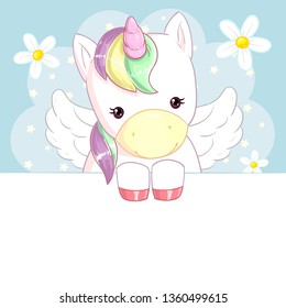 Cute rainbow unicorn with wings on a blue background with flowers and a banner