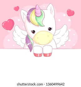 Cute rainbow unicorn with wings on pink background with hearts and banner