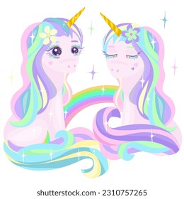 Cute rainbow unicorns with beautiful eyes, rainbow eyelashes, vector illustration