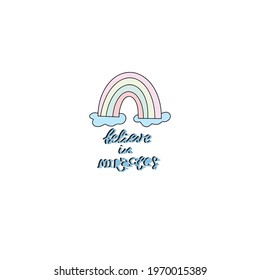 cute rainbow vector illustration with hand drawn lettering.  Modern concept of flat design for kids cards, banners and invitations. 