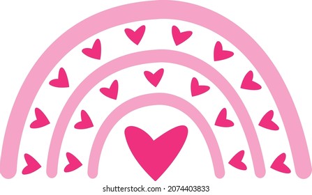 Cute rainbow vector isolated on white background. Boho rainbow with hearts illustration perfect for t-shirts, apparel, cards, fabric. Love or Valentine's day cartoon design