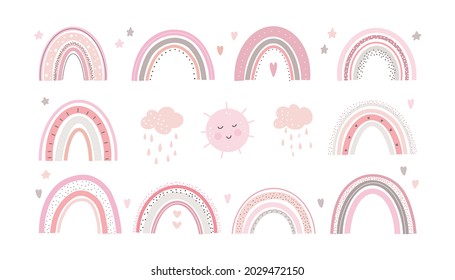 Cute arco iris vector pastel sobre afiche de fondo blanco imprimible para los niños. El arcoiris escandinavo para la decoración de las paredes de las habitaciones para niños.