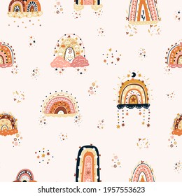 Cute Rainbow. Vector Seamless Pattern for Kids with Cartoon Colorful Boho Rainbows. Perfect Childish Background for Birthday Party, Baby Fashion