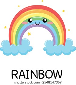 Cute Rainbow weather learning. Learning weather, forecast vocabulary for children with cute weather Emotions. Cartoon vector illustration.