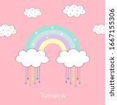 Cute rainbow and white clouds with colorful water droplets isolated on pink pastel background.Design for print or screen backdrop ,tile ,wallpaper or card.Rainy day.Sweet dream.Vector.Illustration.