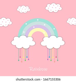 Cute Rainbow And White Clouds With Colorful Water Droplets Isolated On Pink Pastel Background.Design For Print Or Screen Backdrop ,tile ,wallpaper Or Card.Rainy Day.Sweet Dream.Vector.Illustration.