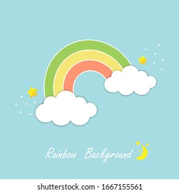 Nubes blancas y arcoiris con estrellas y luna aisladas en fondo azul del cielo. Diseño para impresión o fondo de pantalla, azulejos, papel pintado o tarjeta. Sueño dulce.Vector.Ilustración.