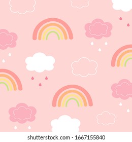 Cute rainbow and white clouds with water droplets isolated on pink pastel background.Design for print or screen backdrop ,tile ,wallpaper or card.Rainy day.Sweet dream.Vector.Illustration.