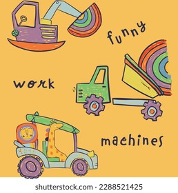 Cute rainbow zone work machines and safari animals lion tiger elephant crocodile leopard giraffe graphic tee design for kids market as vector