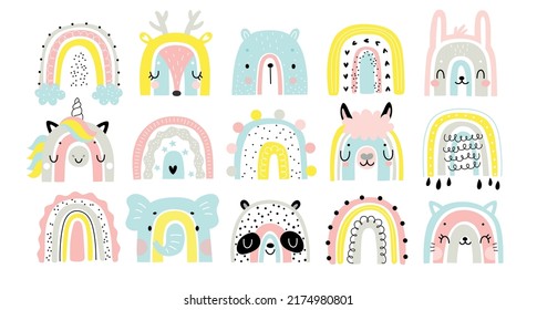 Cute rainbows and animal faces for your design  childish hand drawn elements  Nursery theme  Vector illustration 