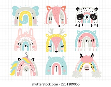 Cute rainbows and animal faces for your design  childish hand drawn elements  Nursery theme  Vector illustration 