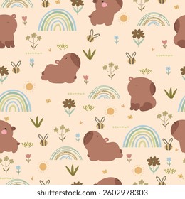 Cute rainbows, bees , plants and capybara, seamless pattern.	
