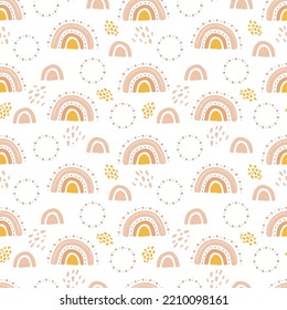Cute rainbows in boho style. Doodle seamless pattern with abstract elements. Pastel beige and yellow colors. Vector background for cards and children illustrations, kids bedroom or preschool.