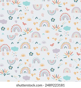Cute rainbows in boho style with floral motif. Doodle seamless pattern with abstract elements. Pastel beige and green mint colors. Vector background for cards and children illustrations, kids bedroom