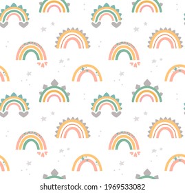 Cute rainbows in boho style, pastel colors. Vector seamless pattern on transparent background. Flat print with dinosaur decor elements and hearts. For wallpaper, packaging, textiles, etc.