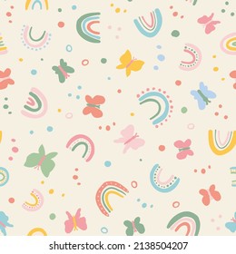 Cute rainbows with butterflies seamless repeat pattern. Random placed, vector spring drawings all over print.