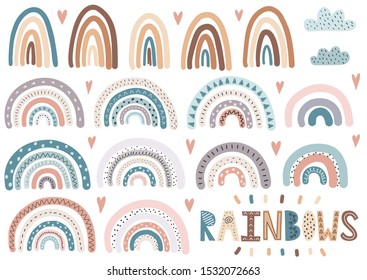 Cute rainbows, clouds, hearts collection. Isolated elements set. Scandinavian style clipart for modern prints, greeting cards, posters, wall art. Vector illustration